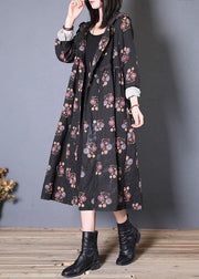 fine casual long coat fall black print hooded Cinched overcoat - bagstylebliss