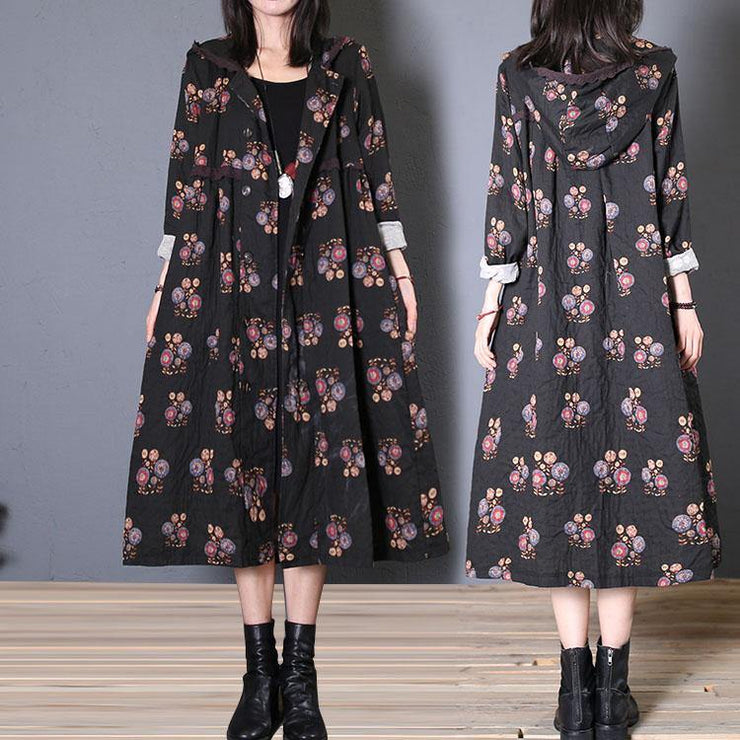 fine casual long coat fall black print hooded Cinched overcoat - bagstylebliss