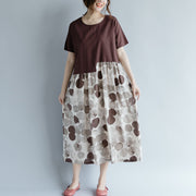 fine chocolate cotton linen dresses oversize short sleeve print patchwork cotton linen gown vintage o neck gown