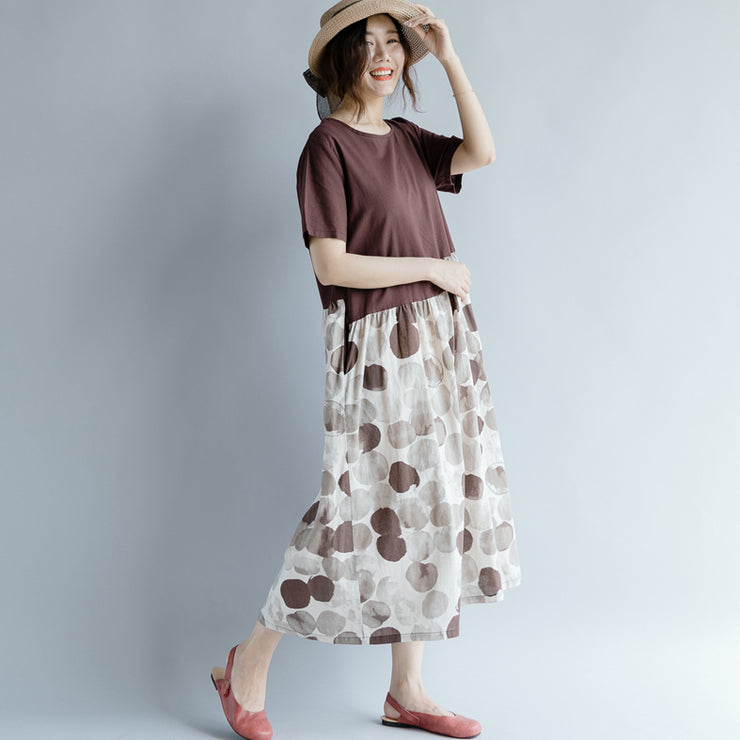 fine chocolate cotton linen dresses oversize short sleeve print patchwork cotton linen gown vintage o neck gown