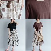 fine chocolate cotton linen dresses oversize short sleeve print patchwork cotton linen gown vintage o neck gown