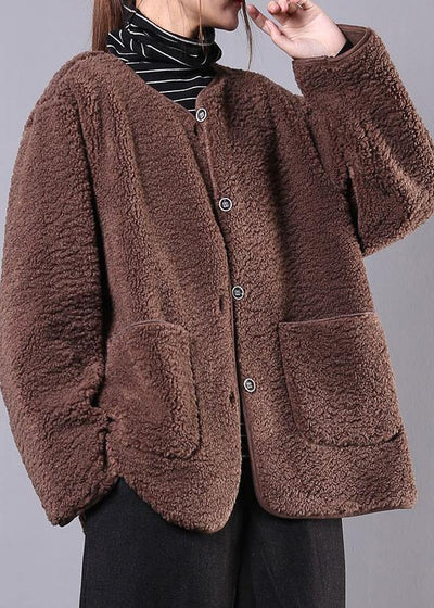 fine coat jacket chocolate o neck Button Wool jackets - bagstylebliss