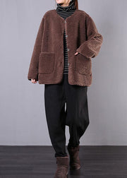 fine coat jacket chocolate o neck Button Wool jackets - bagstylebliss