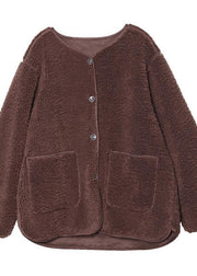 fine coat jacket chocolate o neck Button Wool jackets - bagstylebliss