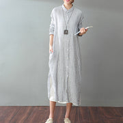 fine gray striped natural cotton linen dress plus size clothing women long sleeve baggy dresses