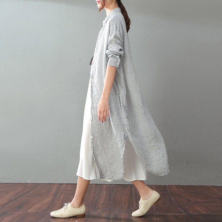 fine gray striped natural cotton linen dress plus size clothing women long sleeve baggy dresses