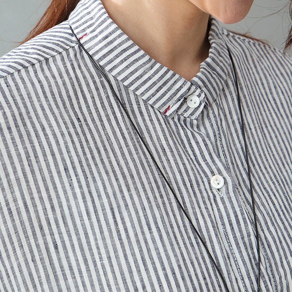 fine gray striped natural cotton linen dress plus size clothing women long sleeve baggy dresses