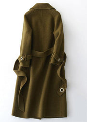 fine green Woolen Coats Loose fitting long coats tie waist outwear lapel collar - bagstylebliss