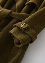fine green Woolen Coats Loose fitting long coats tie waist outwear lapel collar - bagstylebliss