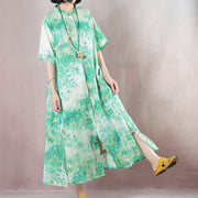 fine green linen caftans oversized Stand gown 2018 short sleeve print kaftans