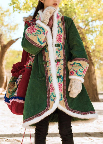 fine green winter outwear plus size Jackets & Coats embroidery Chinese Button coats - bagstylebliss