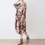 fine khaki beige prints cotton dress plus size clothing side open gown fine o neck maxi dresses