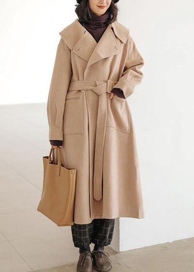 fine khaki wool coat plus size Notched pockets long jackets - bagstylebliss