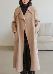 fine khaki wool coat plus size Notched pockets long jackets - bagstylebliss