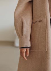 fine khaki wool coat plus size Notched pockets long jackets - bagstylebliss