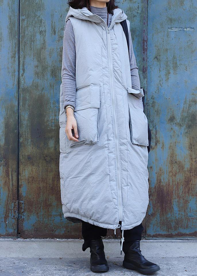 fine light gray sleeveless winter parkas oversized Jackets & Coats hooded big pockets coats - bagstylebliss