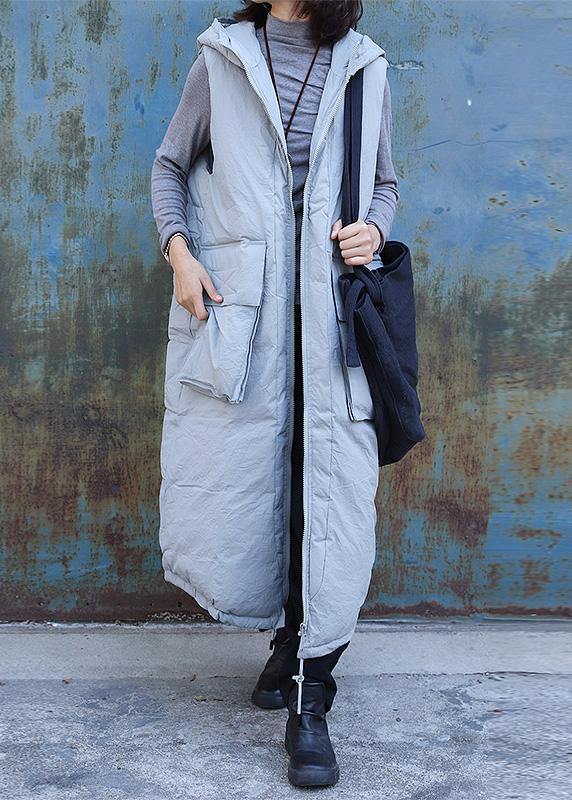 fine light gray sleeveless winter parkas oversized Jackets & Coats hooded big pockets coats - bagstylebliss