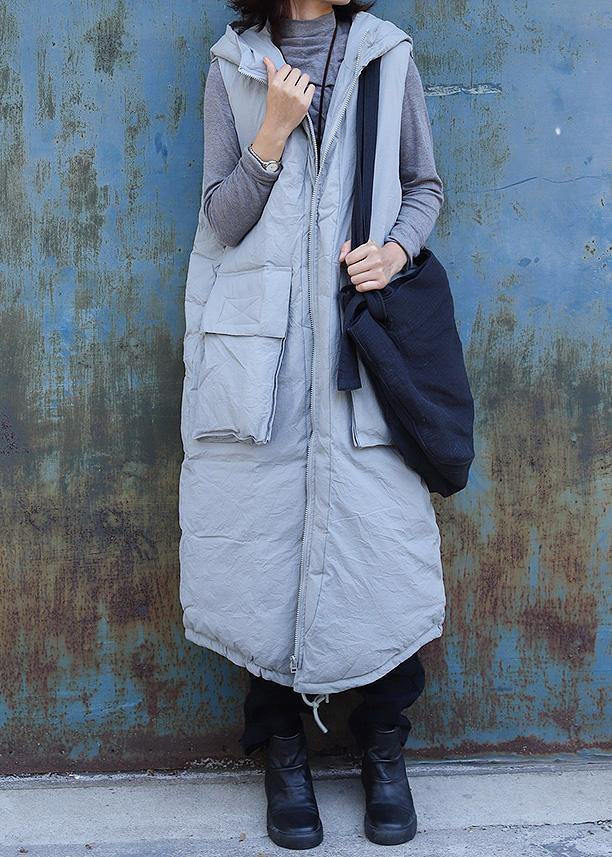 fine light gray sleeveless winter parkas oversized Jackets & Coats hooded big pockets coats - bagstylebliss