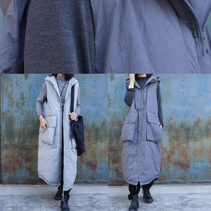 fine light gray sleeveless winter parkas oversized Jackets & Coats hooded big pockets coats - bagstylebliss