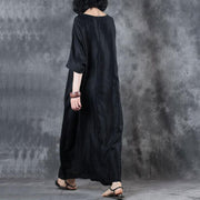 fine linen dress trendy plus size Retro Loose Round Neck 12 Sleeve Black Dress