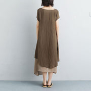 fine long cotton dresses plus size False Two-piece Short Sleeve Chocolate Plain Dress