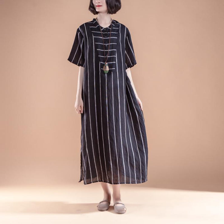 fine natural linen dress trendy plus size Short Sleeve Slit Summer Round Neck Stripe Black Dress