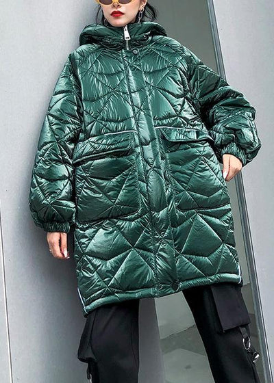 fine oversize winter jacket green hooded zippered Parkas for women - bagstylebliss