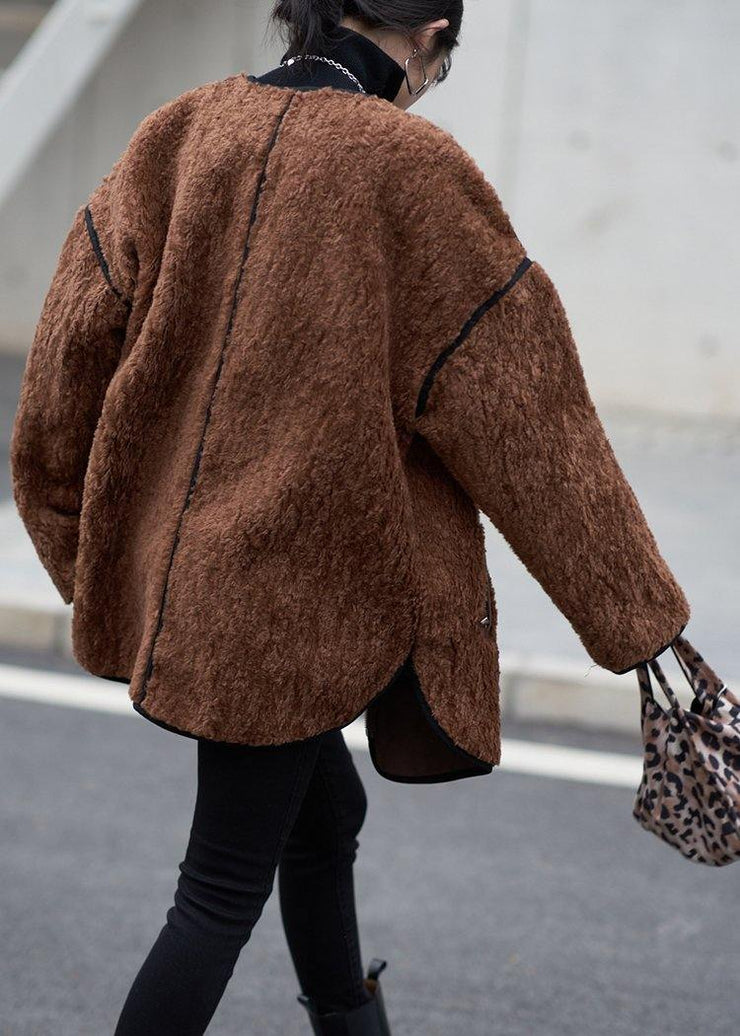 oversized Coats women chocolate o neck zippered wool coat - bagstylebliss