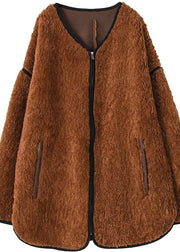 oversized Coats women chocolate o neck zippered wool coat - bagstylebliss