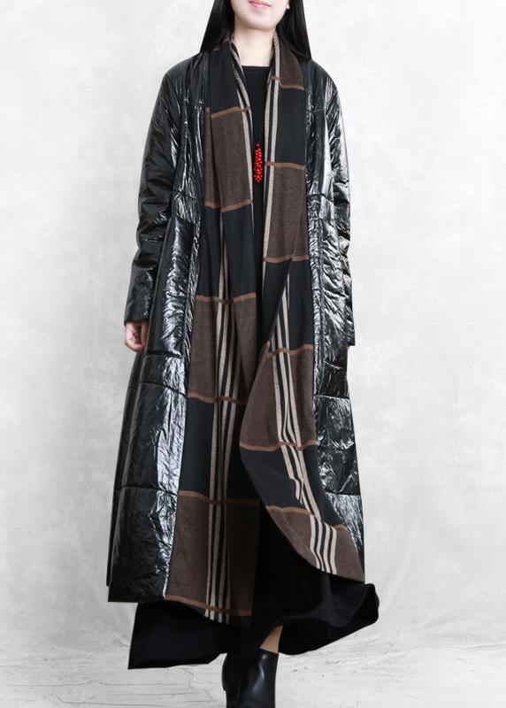 fine oversized Winter coat black patchwork striped pockets wool coat - bagstylebliss