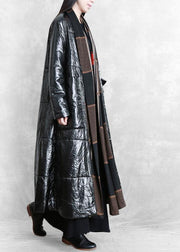 fine oversized Winter coat black patchwork striped pockets wool coat - bagstylebliss