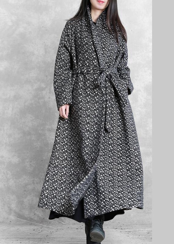 fine oversized long jackets outwear black plaid v neck tie waist wool coat - bagstylebliss