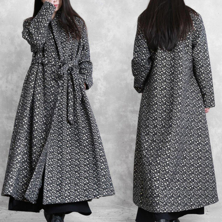 fine oversized long jackets outwear black plaid v neck tie waist wool coat - bagstylebliss