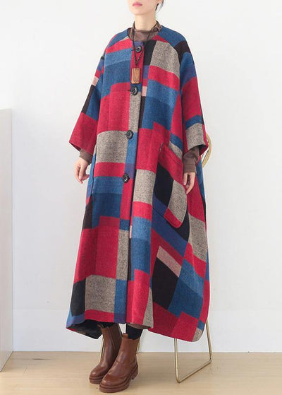oversized maxi coat winter cashmere Coatred plaid fashion woolen outwear - bagstylebliss