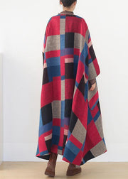 oversized maxi coat winter cashmere Coatred plaid fashion woolen outwear - bagstylebliss