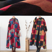 oversized maxi coat winter cashmere Coatred plaid fashion woolen outwear - bagstylebliss