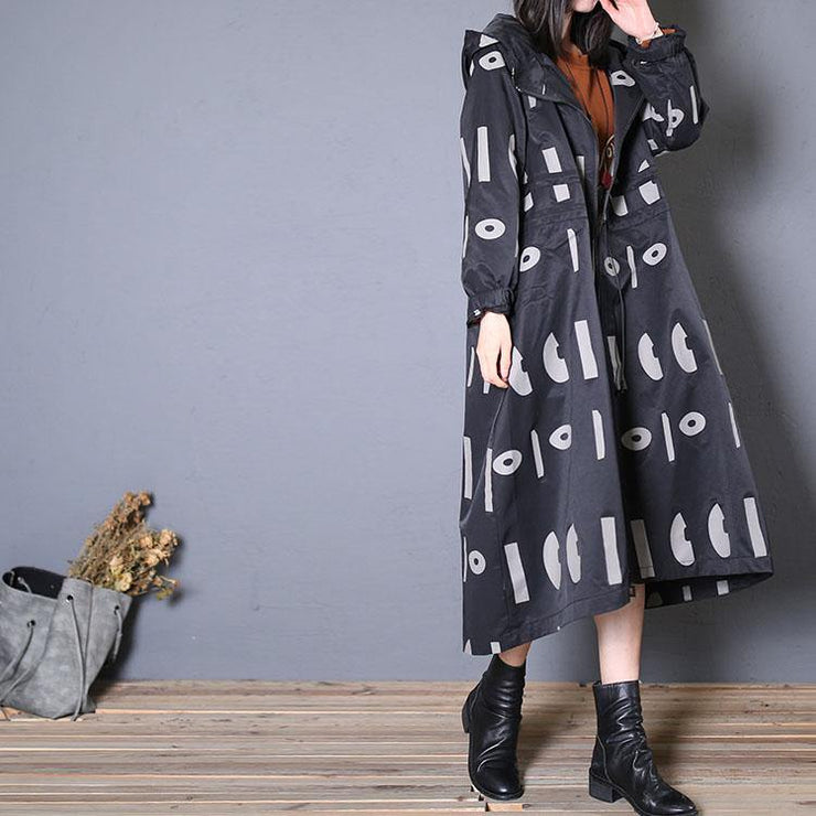 fine oversized trench coat fall black prints hooded drawstring coat - bagstylebliss