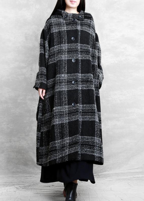 fine plus size clothing Winter coat outwear black plaid hooded patchwork Woolen Coats - bagstylebliss