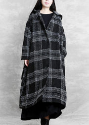 fine plus size clothing Winter coat outwear black plaid hooded patchwork Woolen Coats - bagstylebliss