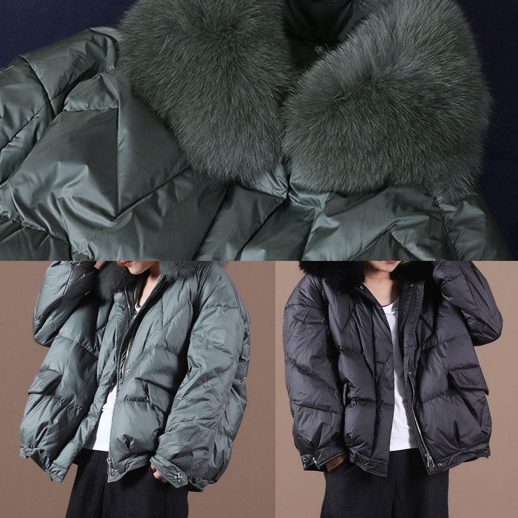 plus size down coats blackish green fur collar zippered hooded down jacket woman - bagstylebliss