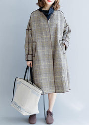 fine plus size mid-length coats winter woolen outwear plaid pockets woolen overcoat - bagstylebliss