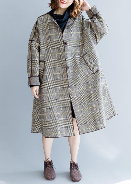 fine plus size mid-length coats winter woolen outwear plaid pockets woolen overcoat - bagstylebliss