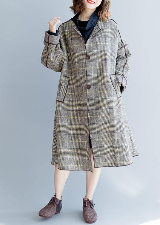 fine plus size mid-length coats winter woolen outwear plaid pockets woolen overcoat - bagstylebliss