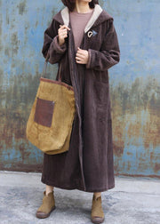 fine plus size warm winter coat zippered outwear chocolate hooded coat - bagstylebliss