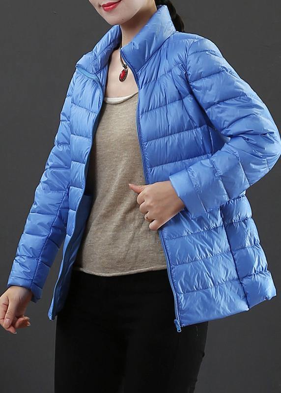 fine plus size winter jacket overcoat light blue stand collar zippered duck down coat - bagstylebliss