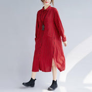 fine red long cotton linen shirt dress plus size Turn-down Collar side open fine long sleeve pockets cotton linen shirt caftans