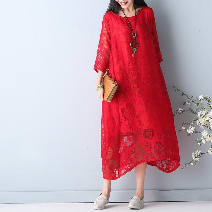 fine red summer hollow out maxi dress o neck Half sleeve summer dress asymmetric chiffon dress