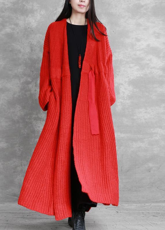 fine red woolen coats Loose fitting v neck drawstring long jackets women coats - bagstylebliss