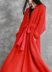 fine red woolen coats Loose fitting v neck drawstring long jackets women coats - bagstylebliss