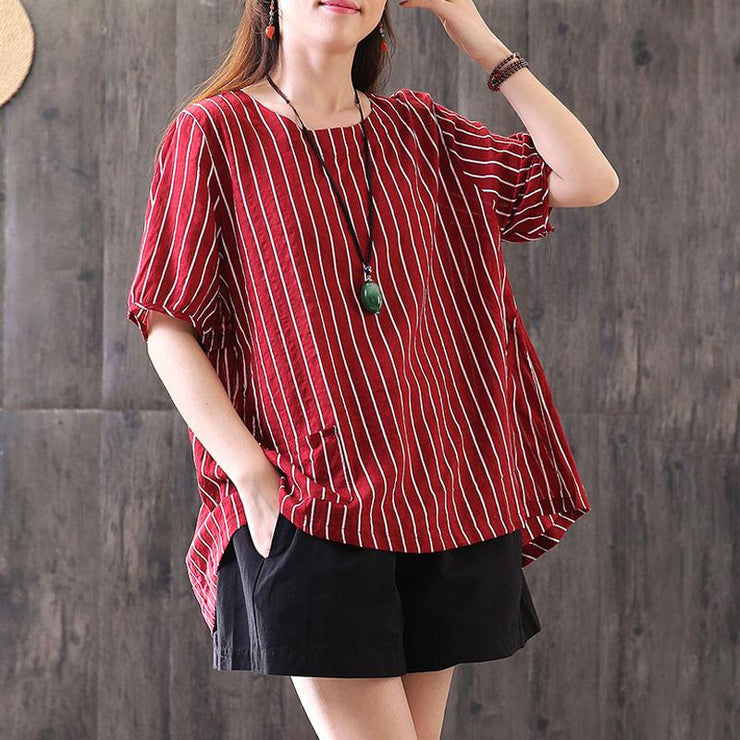 fine summer cotton blended t shirt Loose fitting Stripe Casual Round Neck Short Sleeve Red T-shirt